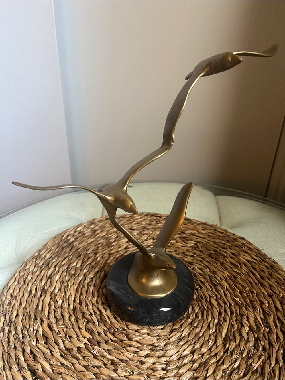 Vintage MCM Brass Sculpture Tree  Seagulls In Flight On Marble Base -